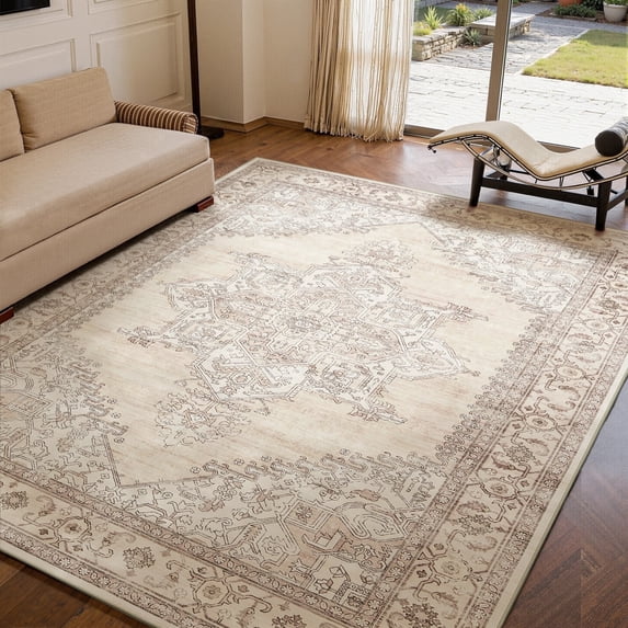 Toyoso 9x12 Extra Large Medallion Area Rug - Vintage Ivory & Tan Carpet, Grande Distressed Washable Non-Slip Large Indoor Rug for Great Room, High-Traffic Master Suite Decorative Rug