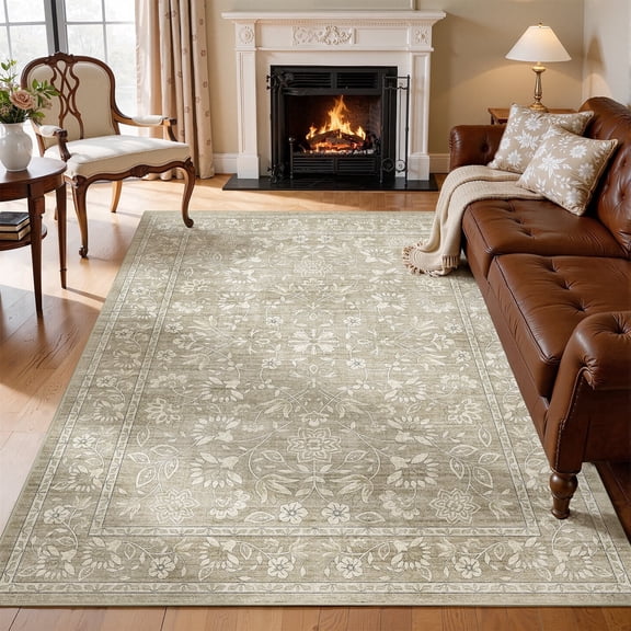 Toyoso 9x12 Extra Large Antique Sage Rug, Traditional Floral Border Master Suite Carpet, 0.25" Low Pile Machine Washable Area Rug for Open Great Room, High-Traffic Durable Decorative Rug