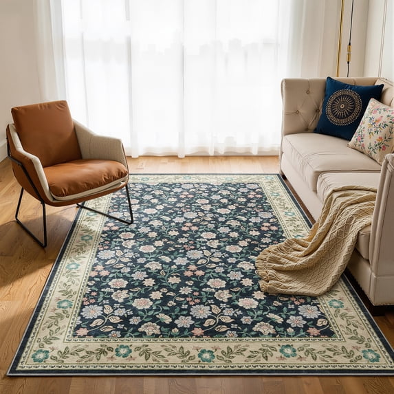 Toyoso 9'x12' Extra Large Vintage Floral Area Rug, Midnight Navy Silicone Carpet, Master Suite Machine Washable Non-Slip 0.25" Indoor Rug, Grande Traditional Floor Covering for Great Room