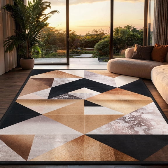 Toyoso 9x12 Extra Large Geometric Area Rug, Brown and Grey Abstract Rug, 0.25 inch Slim Machine Washable Non-Slip Floor Covering Masterpiece for Master Bedroom and Great Room
