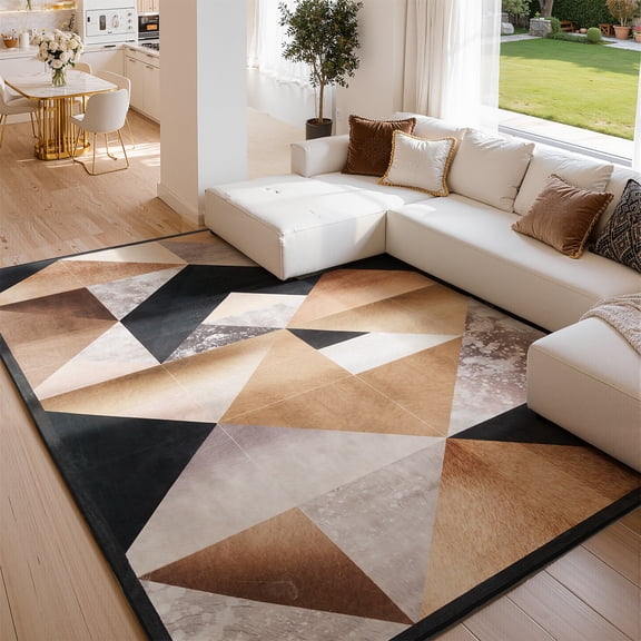 Toyoso 9x12 Extra Large Geometric Area Rug, Brown and Grey Abstract Silicone Rug, 0.25 inch Slim Machine Washable Non-Slip Floor Covering Masterpiece for Master Bedroom and Great Room