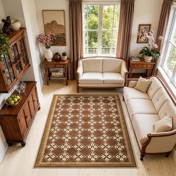 Toyoso 9'x12' Extra Large Traditional Lattice Rug, Walnut Floral Diamond Suite Silicone Carpet, 0.25" Slim Machine Washable Non-Slip Area Rug for Great Room, Durable High-Traffic Large Master Rug