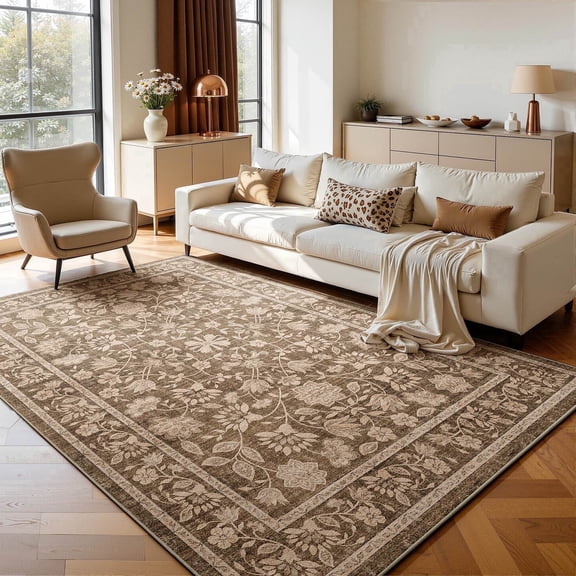 Toyoso 9x12 Extra Large Traditional Mocha Rug, Ornate Botanical Border Master Suite Carpet, 0.25" Slim Machine Washable Non-Slip Area Rug for Great Room, Durable High-Traffic Large Rug