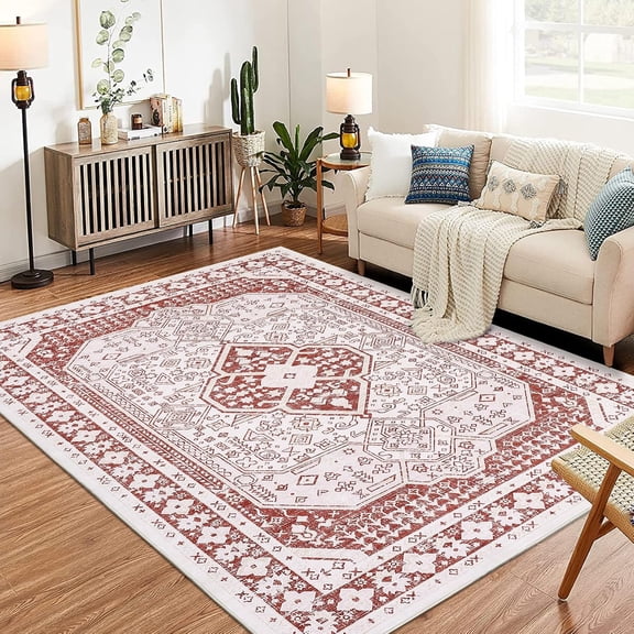 9x12 Ft Area Rug Living Room Machine Washable Non Slip Low Pile Vintage Bordered Rusty Red