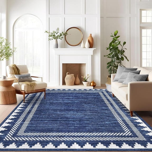 9x12 Ft Area Rug Living Room Rug Washable Non-Slip Modern Bordered Blue