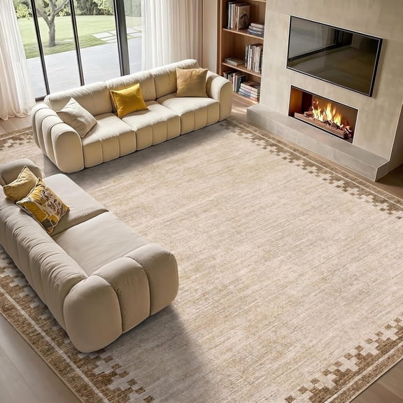 9x12 Ft Area Rug for Living Room Machine Washable Low Pile Modern Geometric Border Beige