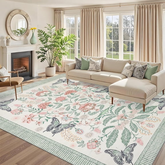 9x12 Ft Area Rug for Living Room Washable Non Slip Low Pile Vintage Botanical Floral