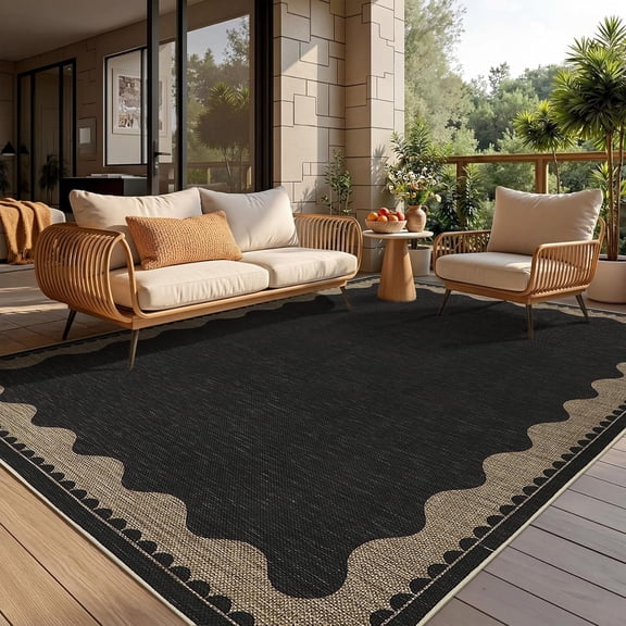 9x12 Ft Area Rug for Living Room Washable Non-Slip Modern Scalloped Border Black