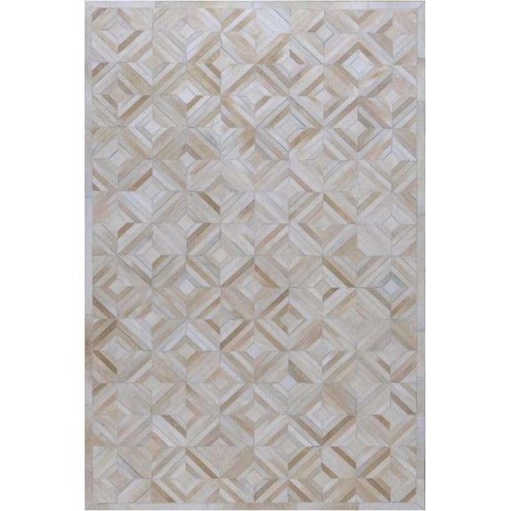 9x12 Ft Beige Cowhide Leather Area Rug, Handcrafted Geometric Patchwork Design, Low Pile Wool Backing for Living Room