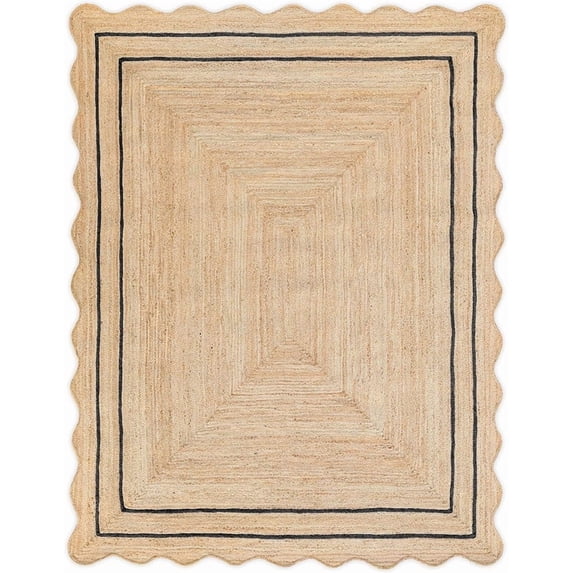 9x12 Ft Black Border Premium Scalloped Jute Rug – Handcrafted Natural Braided Carpet for Living Room, Bedroom, Entryway – Boho Home Decor