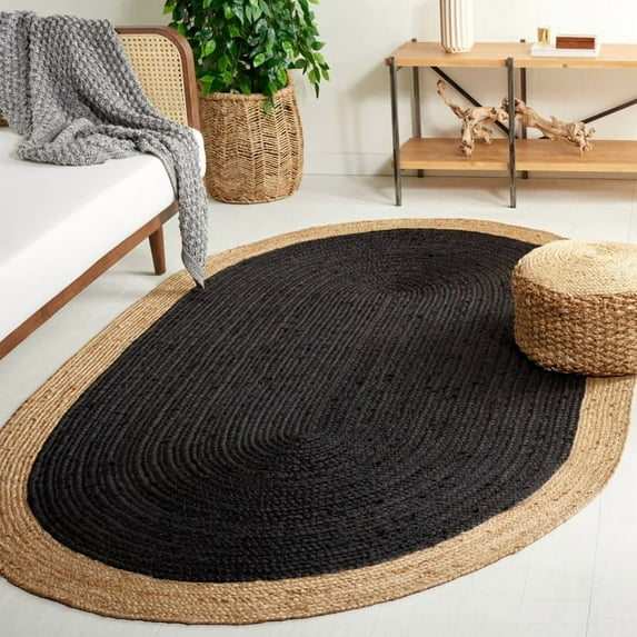 9x12 Ft Oval Black Jute Area Rug, Hand-Woven, Reversible, Farmhouse Boho Style, Durable & Pet-Friendly Rug for Living Room, Dining Room, and Bedroom