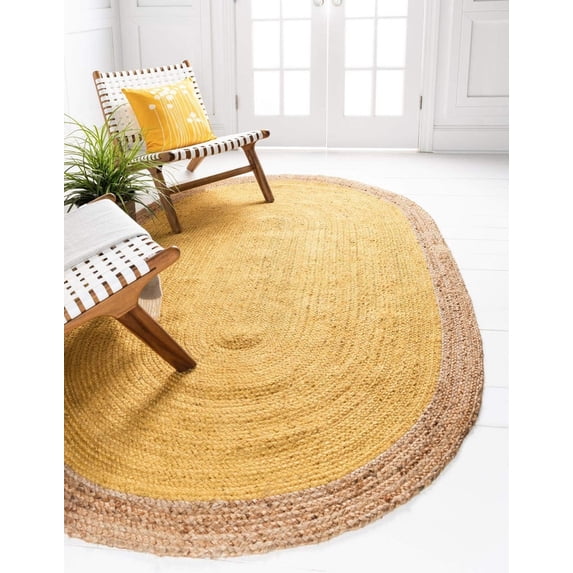 9x12 Ft Oval Yellow Jute Area Rug, Hand-Woven, Reversible, Farmhouse Boho Style, Durable & Pet-Friendly Rug for Living Room, Dining Room, and Bedroom