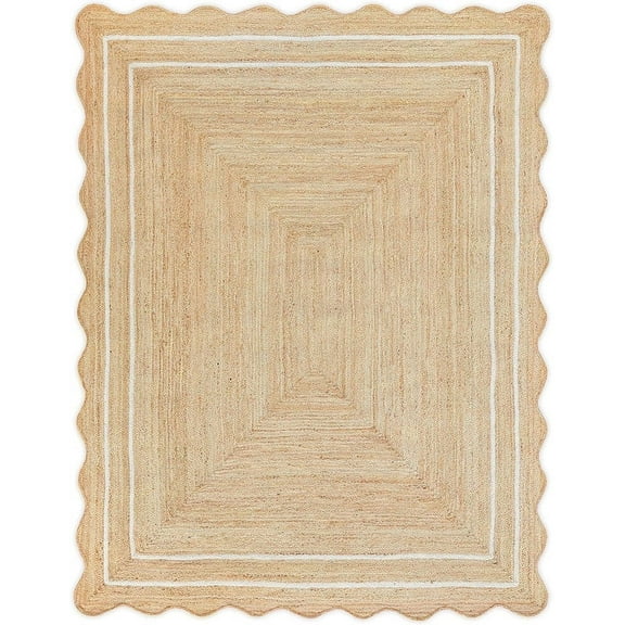 9x12 Ft White Border Premium Scalloped Jute Rug – Handcrafted Natural Braided Carpet for Living Room, Bedroom, Entryway – Boho Home Decor