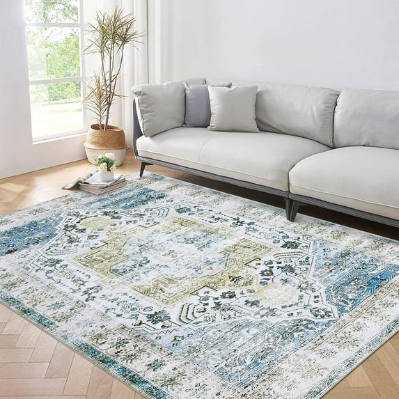 9x12 Large Area Rug VintageWashable Non Slip Rug Low Pile Floral Area Rug Stain Resistant Carpet Soft Folding Floor Cover Nursery (Blue)
