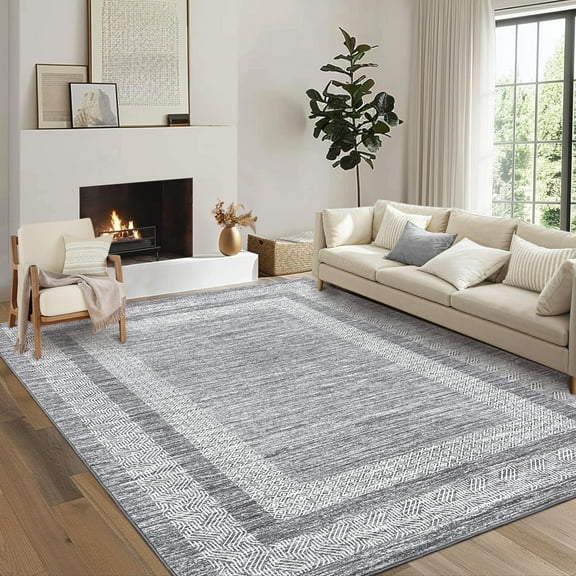 9x12 Large Modern Gray Area Rug Distressed Bordered Rug Soft Non Shedding Floor Carpet, Geometric Rug, Washable Non Slip Rug, Low Pile Indoor Area Rug for Living Room, Bedroom