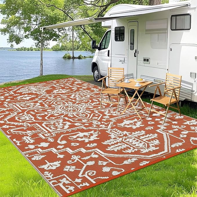 9x12 Large Outdoor Rug for Patio Rugs Waterproof, Reversible Plastic Straw Rug Medallion Pattern, Vintage Camping Rug, Foldable Lightweight Carpet for RV, Porch, Deck, Backyard, Balcony (Brick Color)