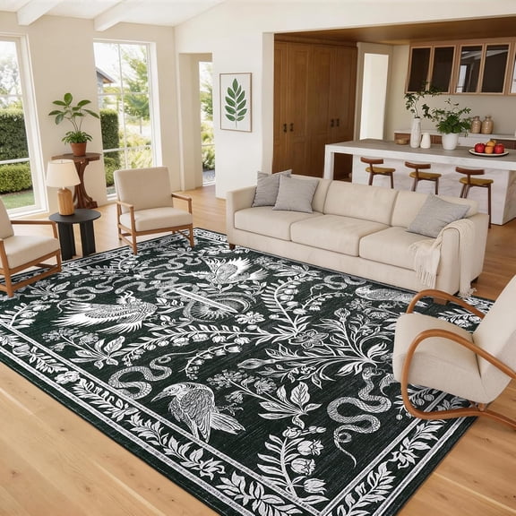 9x12 Large Washable Area Rug, Non-Slip Gothic Bird Rugs for Living Room Bedroom Office, Machine Washable Foldable Dining Room Carpet, Oriental Vintage Farmhouse Rug, Black