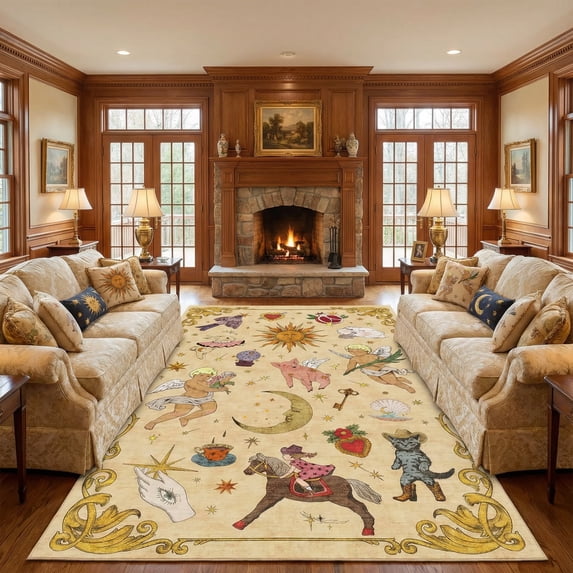 9x12 Sun and Moon Celestial Cottagecore Area Rug, Vintage Boho Washable Low Pile Non-Slip Tapestry Rug for Living Room Bedroom, Yellow