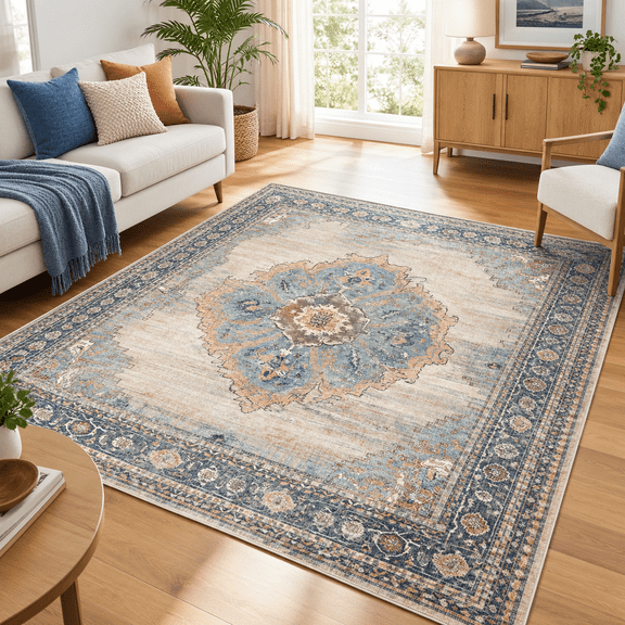 9x12 Living Room Area Rugs: Large Washable Non Slip Vintbedroom Rug Boho Soft Indoor Low Pile Carpet Durable Stain Resistant Thin