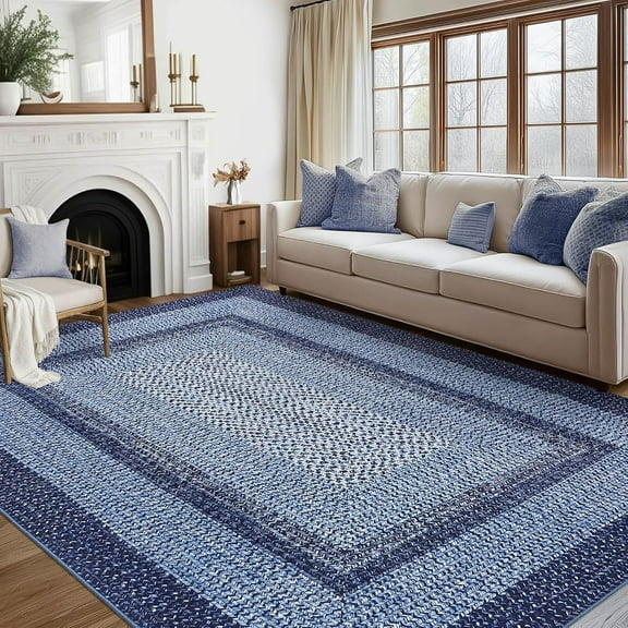 9x12 Living Room Rug Large Washable Braided Rug Non Slip Accent Carpet Braided Print Carpet Indoor Rustic Area Rug Border Carpet for Bedroom Home Decor (Navy)