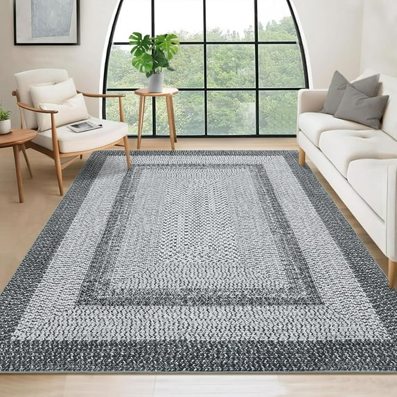 9x12 Living Room Rug Large Washable Rug Non Slip Boho Accent Carpet Braided Print Carpet Indoor Throw Floor Cover Farmhouse Rustic Area Rug Bohemian Border Rugs for Bedroom Home Decor, Grey