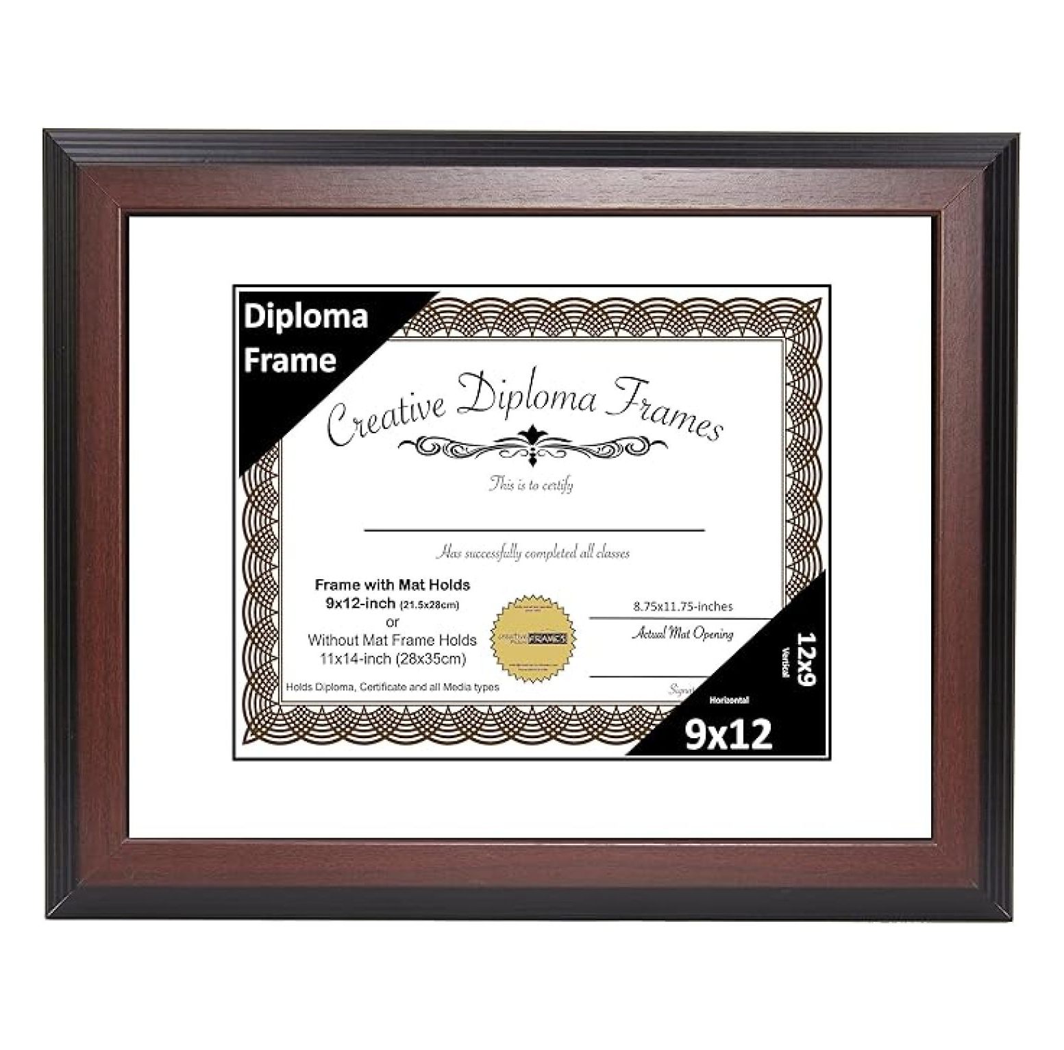 9x12 Mahogany Finish Diploma Frame with White Matting Holds 9 by 12 ...