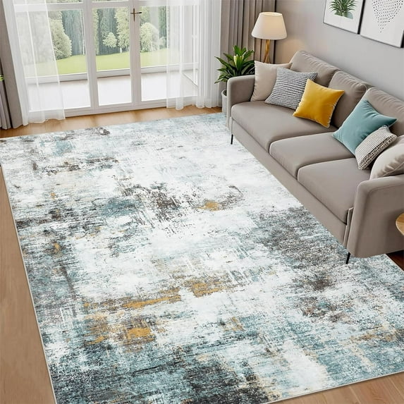 9x12 Modern Abstract Rug Washable Large Area Rug Non-Slip Stain-Resistant Low Pile Folding Apartment Playroom Blue/Green