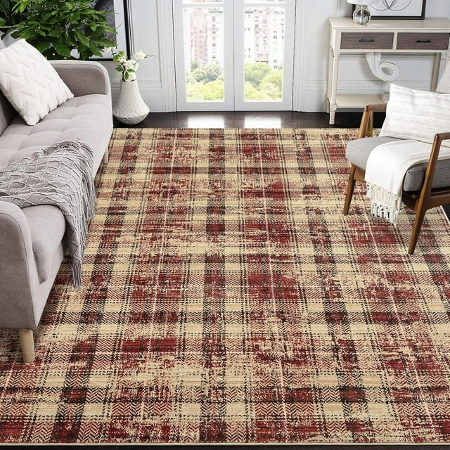 9x12 Modern Washable Tartan Plaid Area Rug - Soft Non-Slip Carpet for Living Room and Bedroom, Red