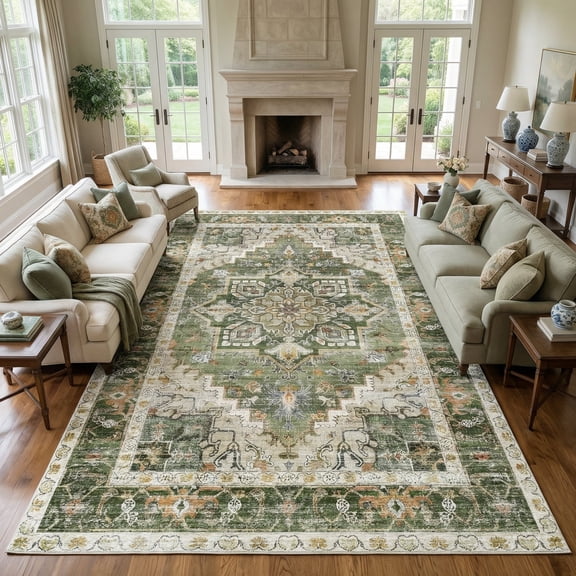 Kokia 9'x12' Oriental Area Rug Living Room Washable Non Slip Boho Soft Rugs Bedroom Dining Room Decor-Green