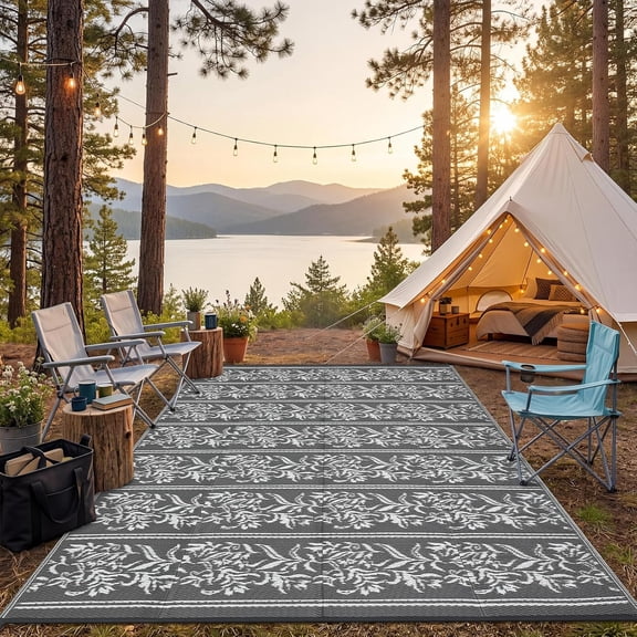 9x12 Outdoor Rug Reversible Straw Weave Waterproof and UV-Protected for Patio Deck Grey/White