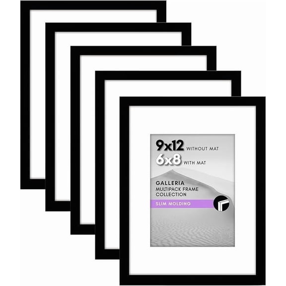 9x12 Picture Frame with Polished Plexiglass - Set of 5 - Use as 6x8 Frame with Mat or Display 9x12 Photo Without Mat - Picture Frames for Wall Display - Black