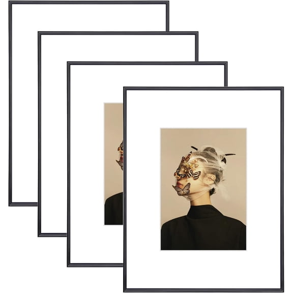 9x12 Picture Frame Set of 4 Matted Black Simple Modern Brushed Thin Aluminum Frame Fits 6x8 with Mat or 9x12 without Mat Vertical Horizontal Tabletop Wall Mount Bestseling