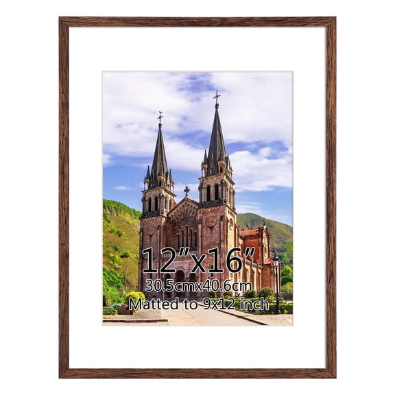 9x12 Picture Frame with Mat, 12x16 Photo Frame without Mat for Wall Mount or Tabletop, Brown