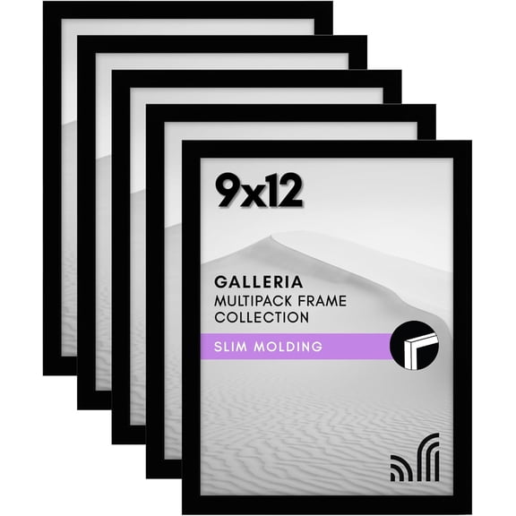 9x12 Picture Frame with Polished Plexiglass - Set of 5 - Galleria Collection - Picture Frames for Wall Display - Black