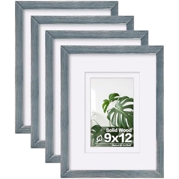 9x12 Picture Frames Set of 4, Made of Solid Wood Covered by Plexiglass 5x7 and 6x8 with Mat or 9x12 whitout Mat, for Table Top Display and Wall Mounting Photo Frame Rustic Blue