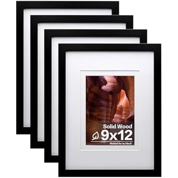 9x12 Picture Frames Set of 4, Made of Solid Wood Covered by Plexiglass 5x7 and 6x8 with Mat or 9x12 without Mat, for Table Top Display and Wall Mounting Photo Frame Black