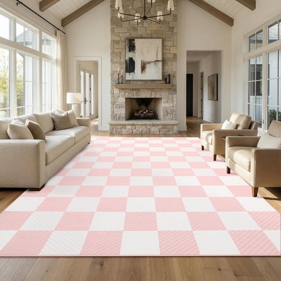 9x12 Pink and White Checkered Rug for Living Room, Large Washable Carpet Non Slip Soft Low Pile Geometric Print Plaid Area Rug for Bedroom Dining Room Playroom Office Nursery