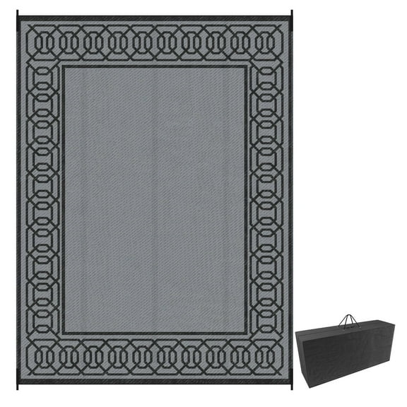 9x12 RV Mat Outdoor Patio Rug - Large Camping Carpet with Carry Bag, Waterproof, Reversible, Black & Gray