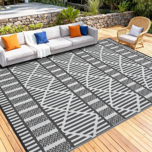 9x12 Reversible Outdoor Rug for Patio & Deck, Waterproof Camping Mat for RV, Backyard, Balcony, Porch, Lightweight Plastic Carpet, UV Resistant, Easy to Clean, Travel Friendly, Grey and White