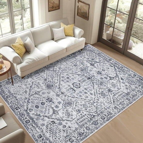 9x12 Rugs Washable Soft Vintage Large Area Rugs Boho Farmhouse Low Pile Non-Slip Indoor Carpet Rugs Dining Room Home (Grey 9'x12')