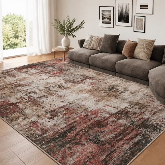 9x12 Rust Red Multi Washable Area Rug, Vintage Print Low Pile Non Slip Carpet for Living Room, Bedroom, Dining Room, Home Office