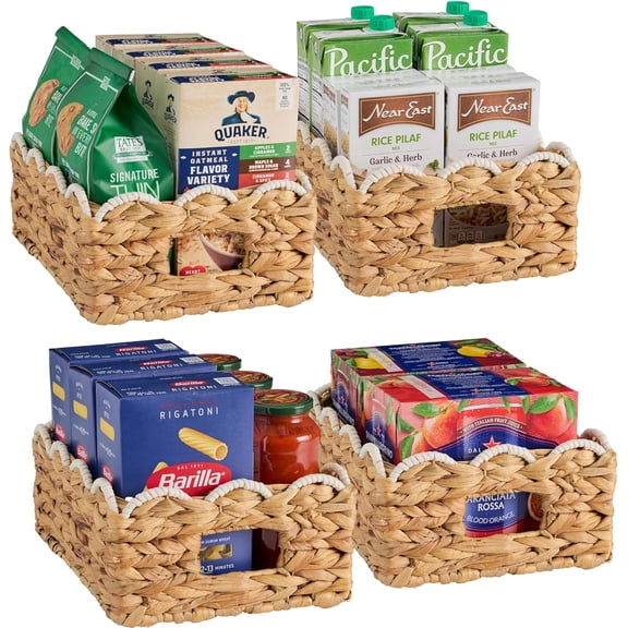 9x12 Scalloped Shelf Baskets, Woven Storage Bins, Storage Organizers for Pantry, Living Room, Bedroom, Nursery & Laundry, 4 Pack - Natural with White Trim