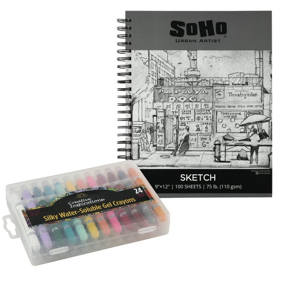 9x12 Sketch Paper Pad & 24pc Soft Oil Pastels Set Bundle, 100 Spiral Bound Sheets Textured Surface and Bleed Proof Canvas Paper (110lb/180gsm)