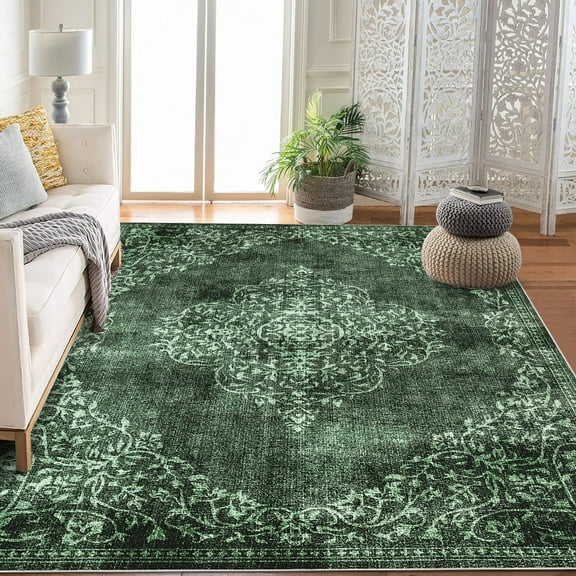 9x12 Vintage Area Rug Washable Living Room Carpet Non Slip Bedroom Indoor Office Low Pile Traditional Distressed Retro Accent Rug Green