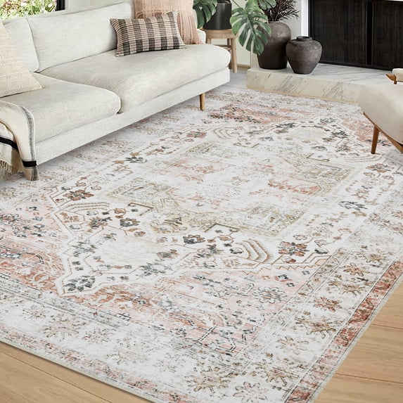 9x12 Vintage Washable Rug, Non-Slip Low Pile Oriental Medallion Carpet, Ultra-Thin Non-Shedding Floor Cover for Living Room, Dining Room, Bedroom,Salmon