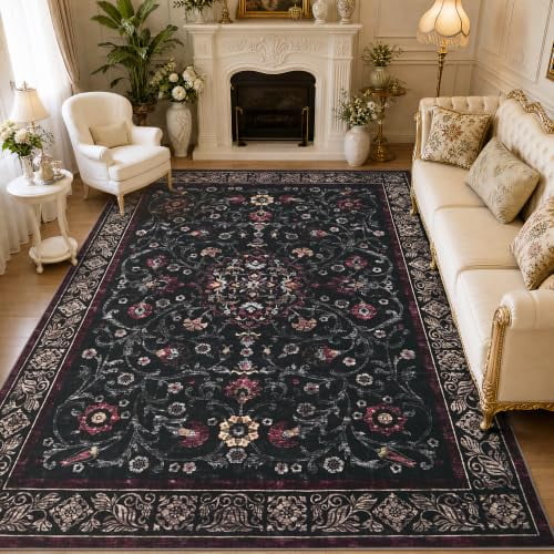 9x12 Washable Area Rug, Boho Floral Rug with Non-Slip Backing, Low-Pile Soft Carpet for Living Room, Bedroom, Dining Room, Lightweight, Black