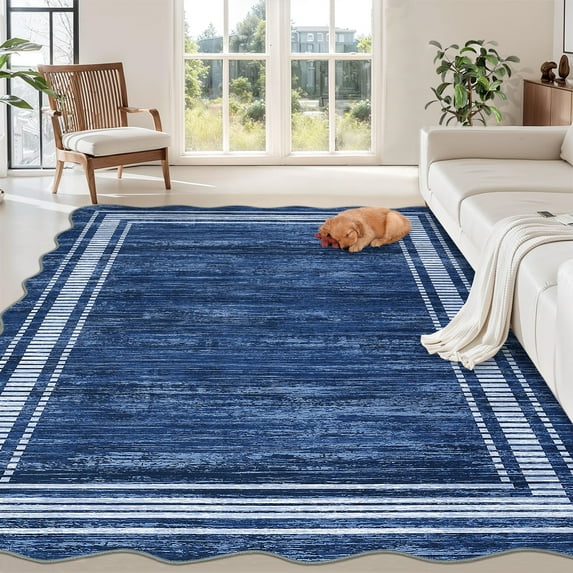 9x12 Washable Area Rug, Contemporary Navy Blue, Non-Slip Low Pile, Stain Resistant, Large Carpet for Living Room, Bedroom, or Dining Room
