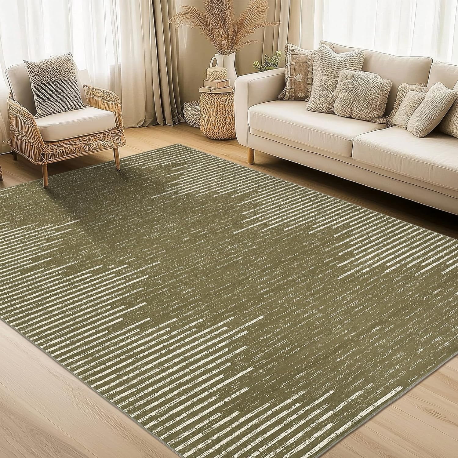 9x12 Washable Area Rug for Living Room Dining Room Neutral Area Rug for Nursery Distressed Stripes Carpet Stain Resistant Farmhouse Floor Cover Brown Rugs