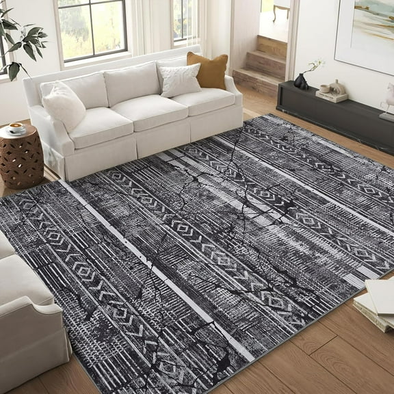 9x12 Washable Area Rug – Marble Distressed Boho Farmhouse Style Ultra-Thin Non-Slip Carpet for Living Room Bedroom Dining Room Black/Grey.