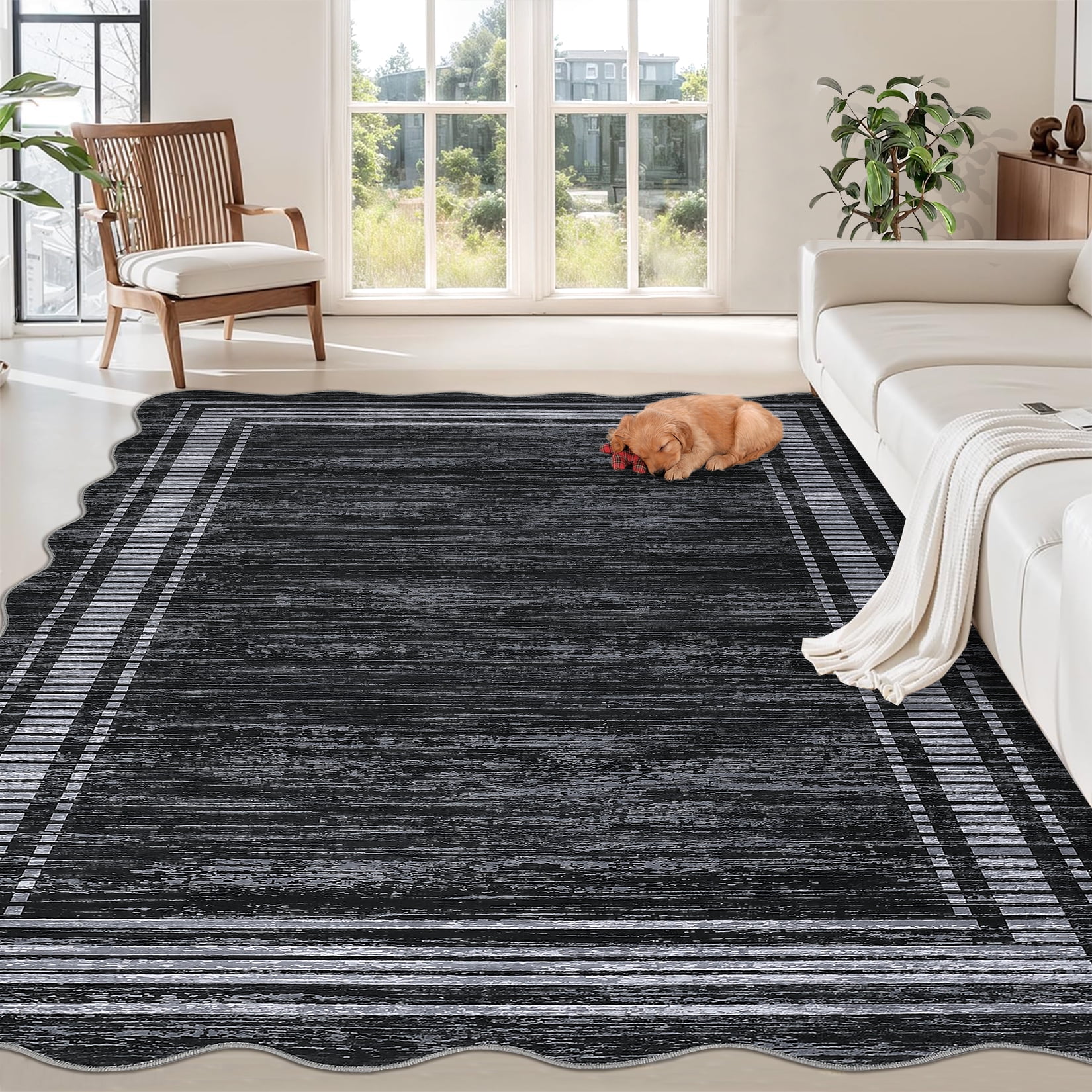 9x12 Washable Area Rug, Modern Abstract Black Tones, Non-Slip, Stain Resistant, Durable Large Carpet for Family Room or Playroom